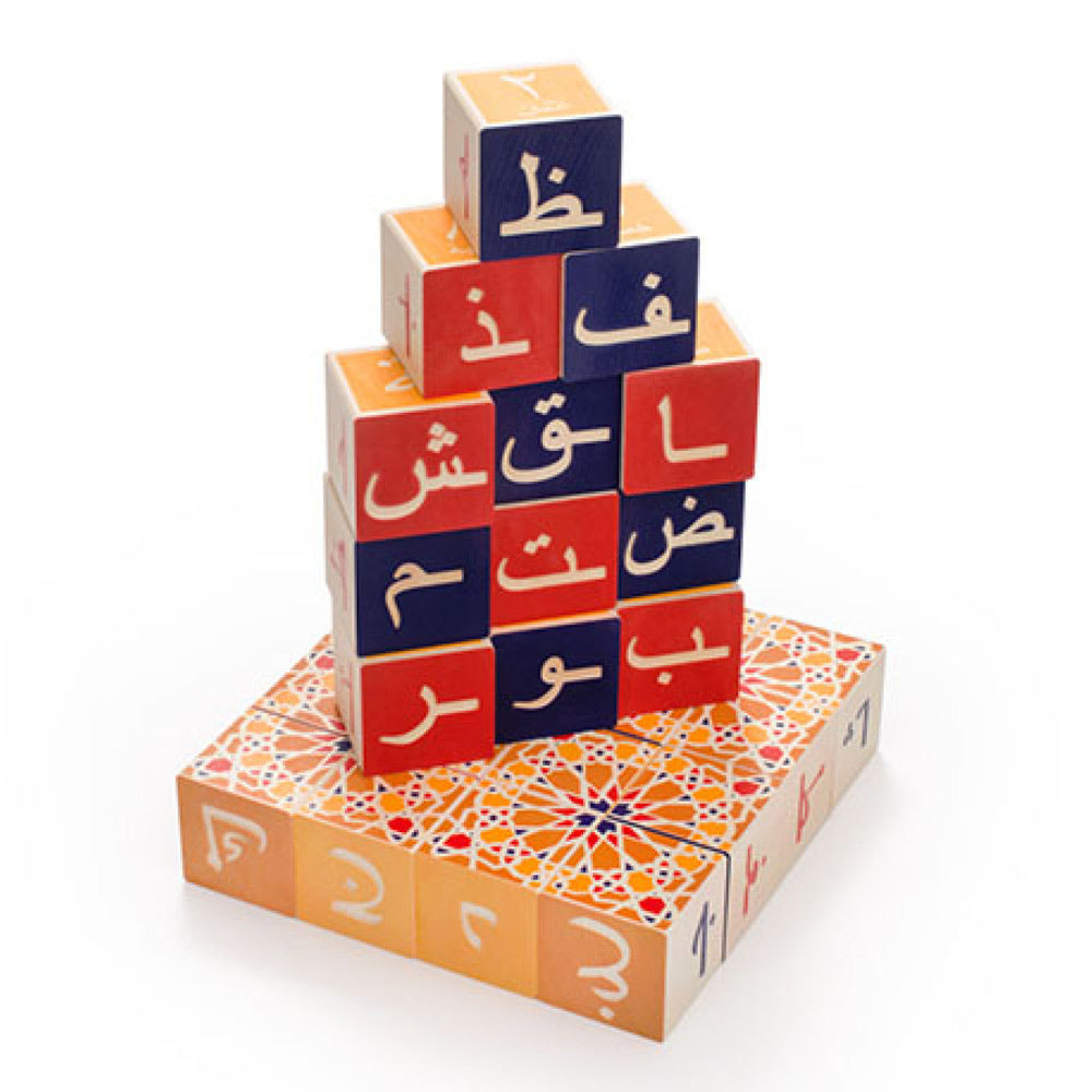 Uncle Goose handmade wooden Arabic language blocks stacked on a white background