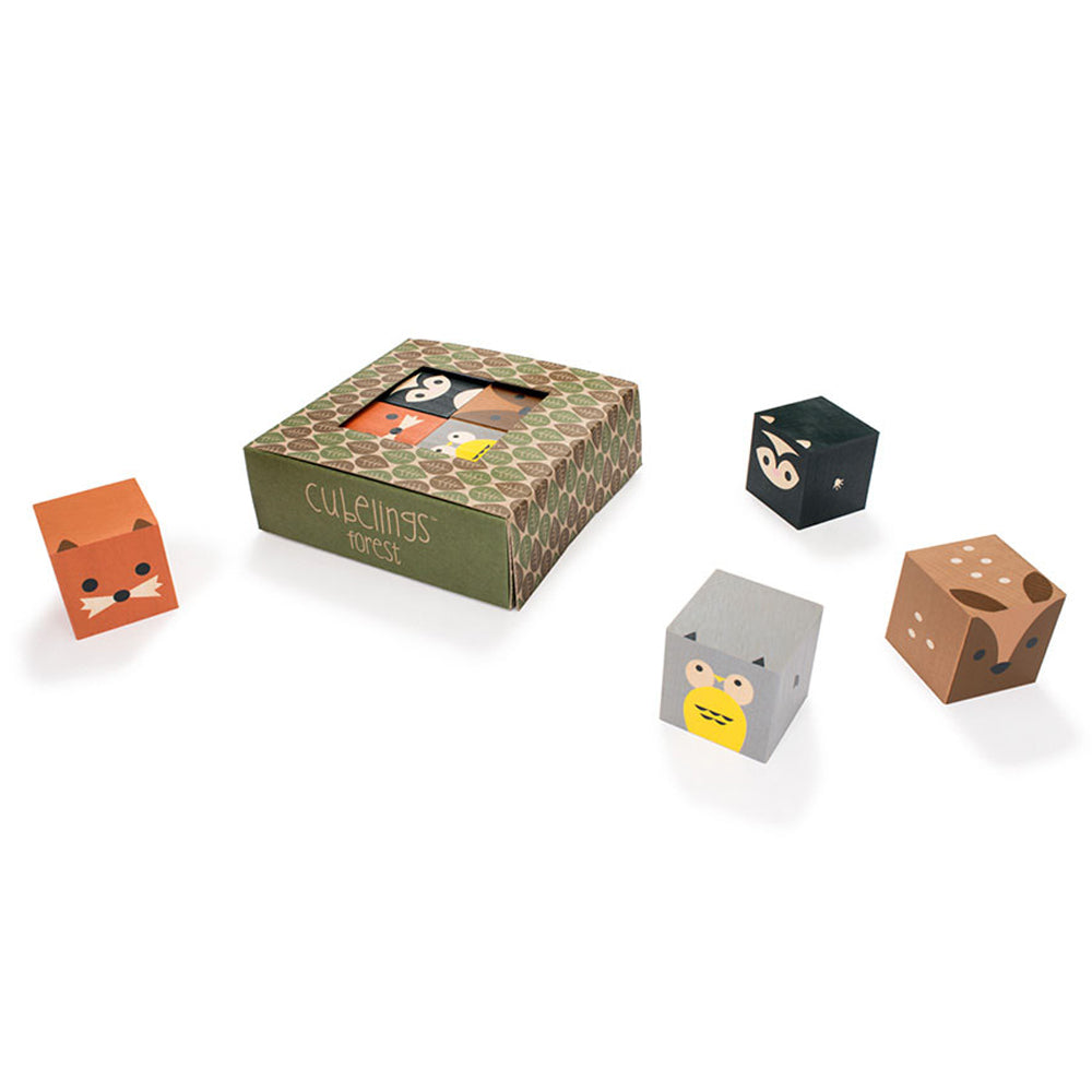 Uncle goose plastic free wooden forest cubeling blocks laid out on a white background next to their cardboard box