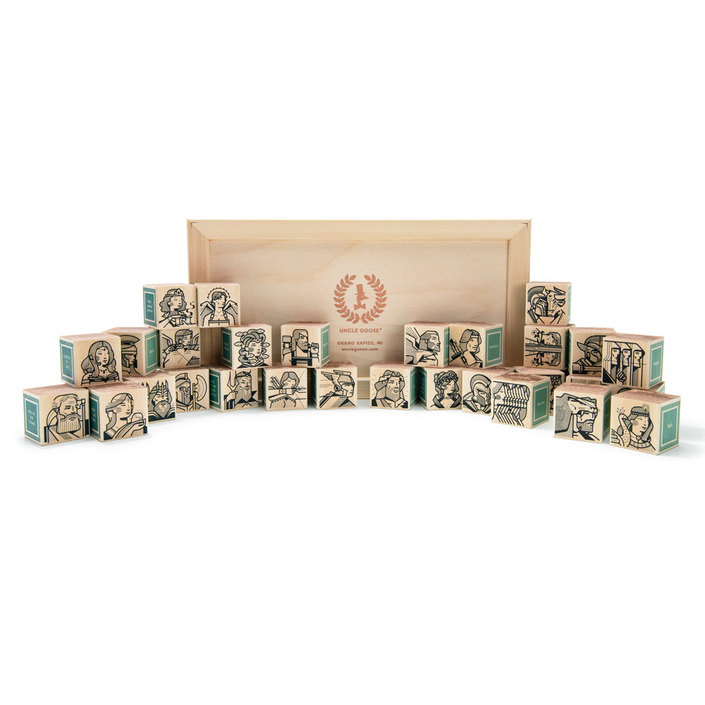 Uncle Goose plastic free wooden greek mythology learning blocks stacked on a white background in front of their wooden storage box