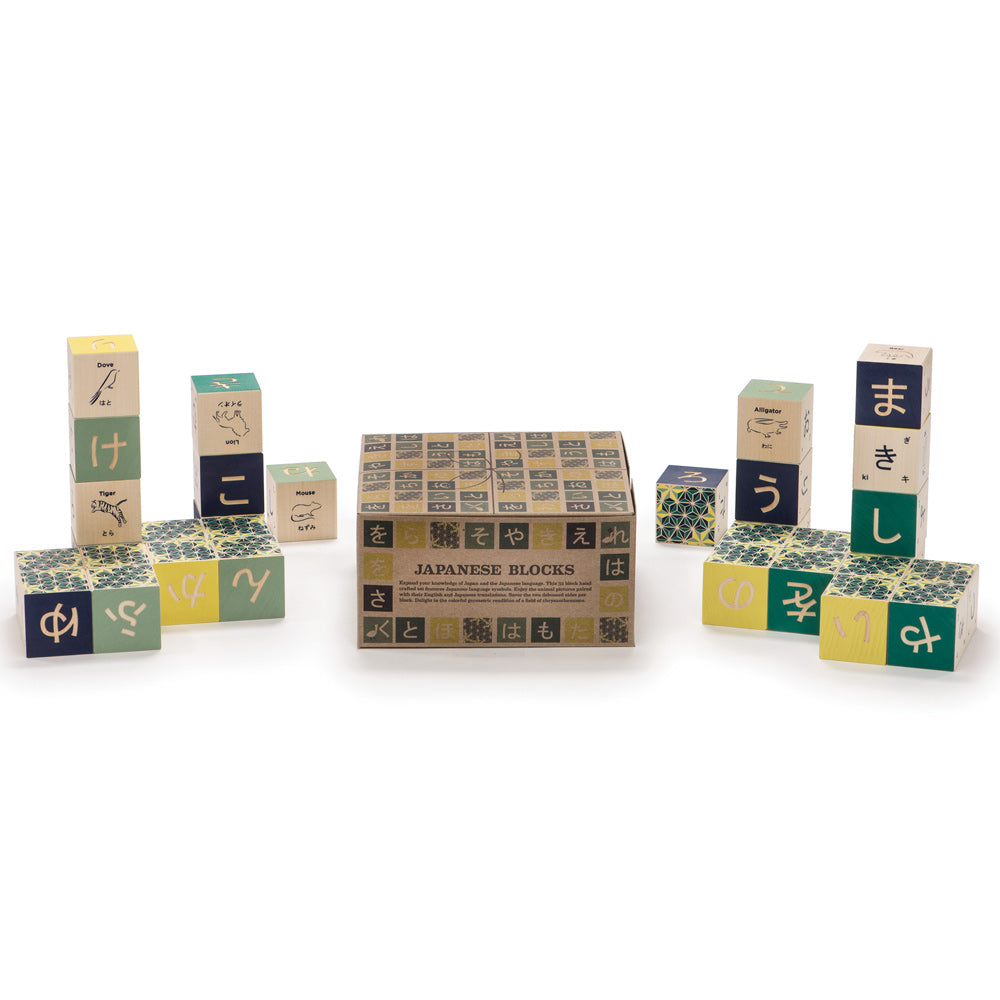 Uncle Goose plastic free wooden Japanese blocks stacked in piles on a white background next to their cardboard box