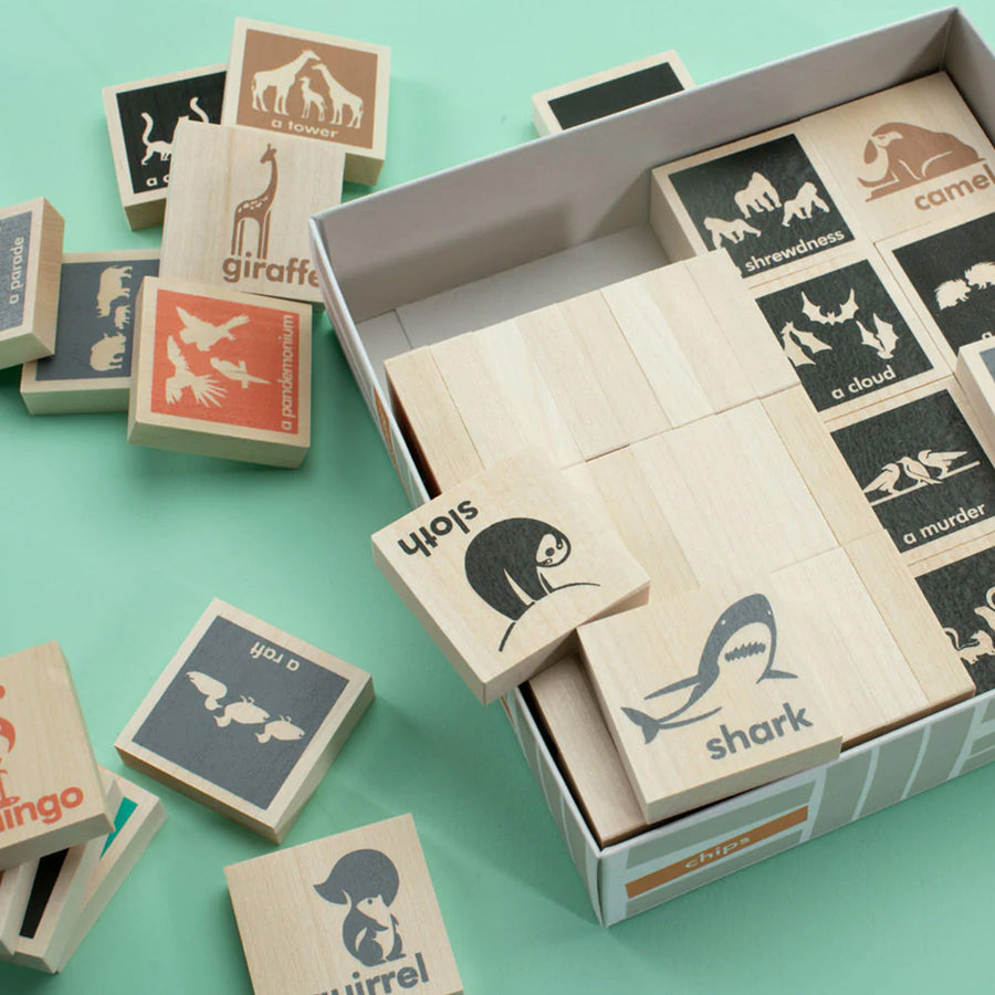 Uncle Goose eco-friendly wooden toy collective noun blocks scattered around their box on a green background