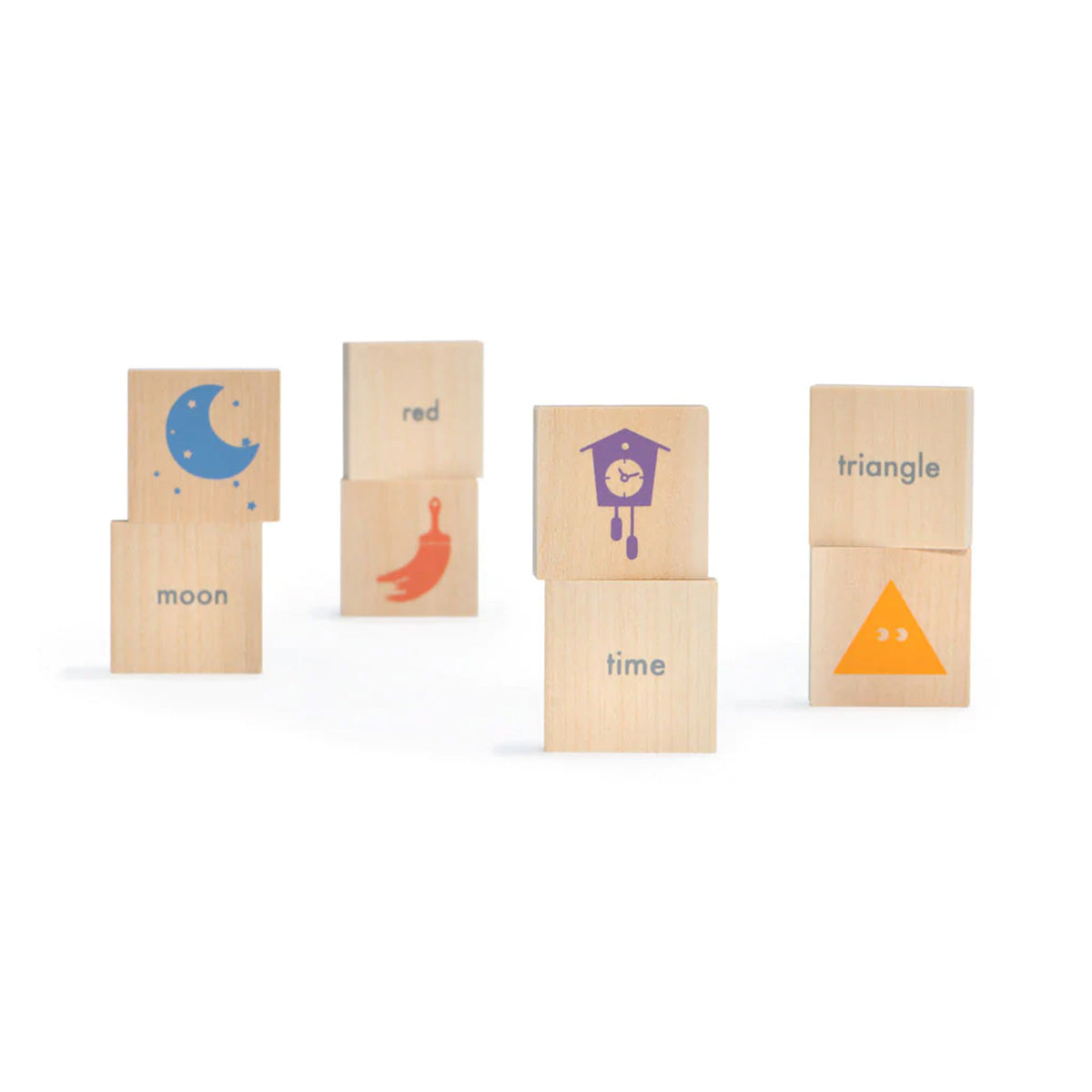 Uncle Goose handmade wooden English vocabulary blocks stood up in 4 rows on a white background