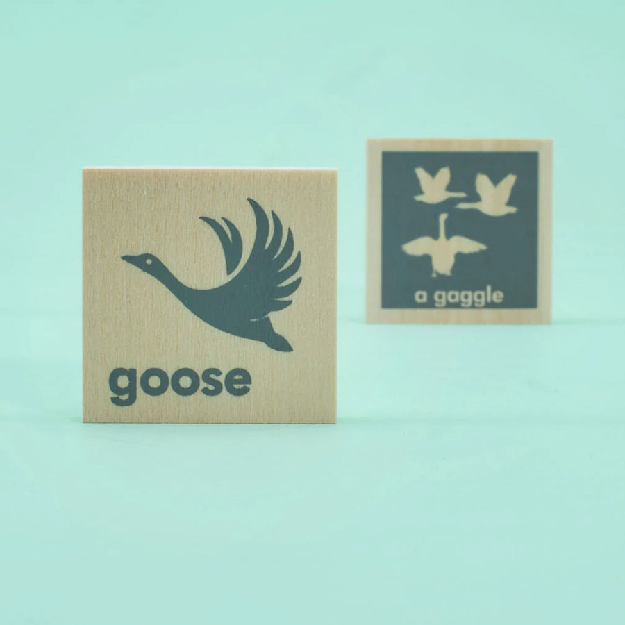 Two wooden Uncle Goose collective noun toy blocks showing a goose an a gaggle of geese on a green background