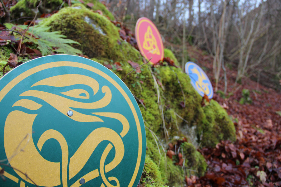 Vah Celtic Sigar Wooden Shield pictured outdoors with 2 other Celtic shields in the background