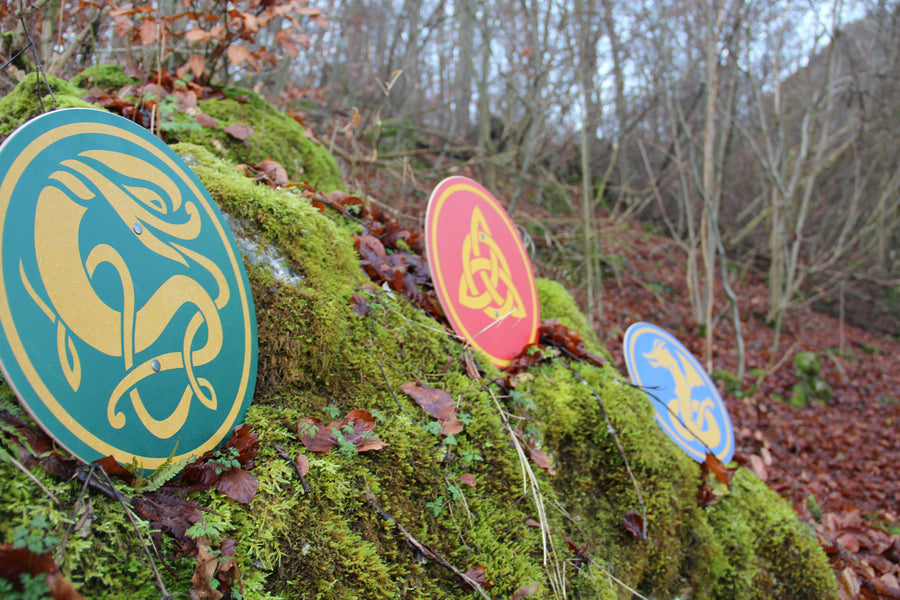 Vah Celtic Sigar Wooden Shield pictured outdoors with 2 other Celtic shields in the background