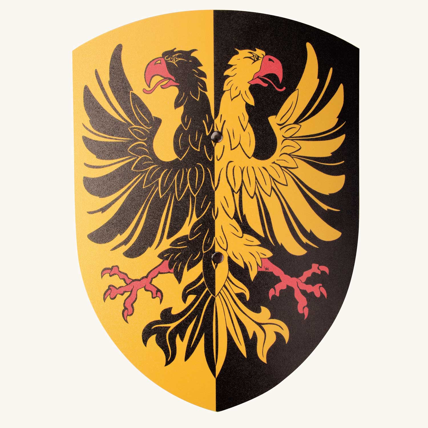 Vah black and yellow Double-Headed Eagle Wooden Toys Shield pictured on a plain background 