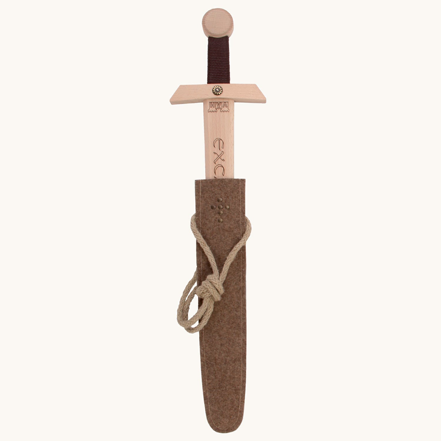 Vah Excalibur Wooden Sword Set with felt sheath pictured on a plain background