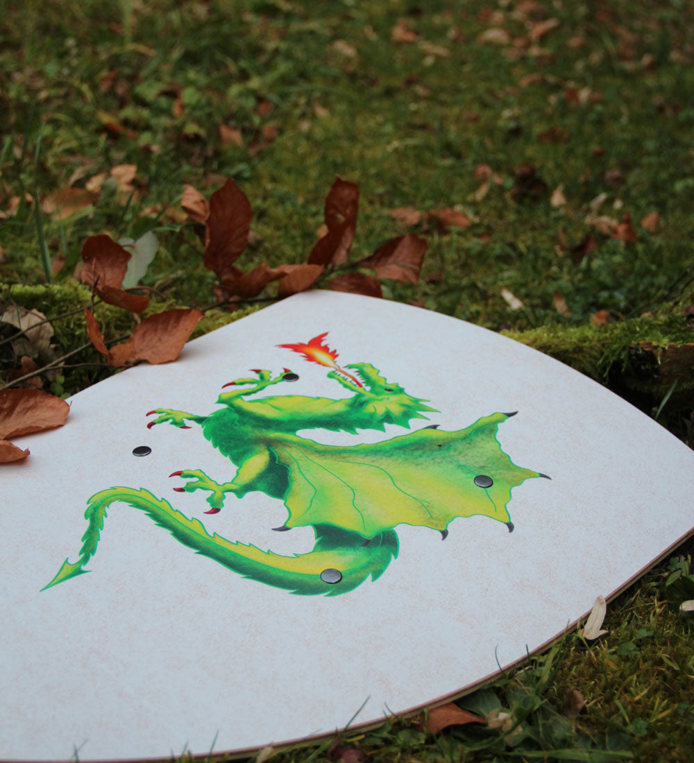 Vah Green Dragon Creative Wooden Shield pictured placed on grass outdoors