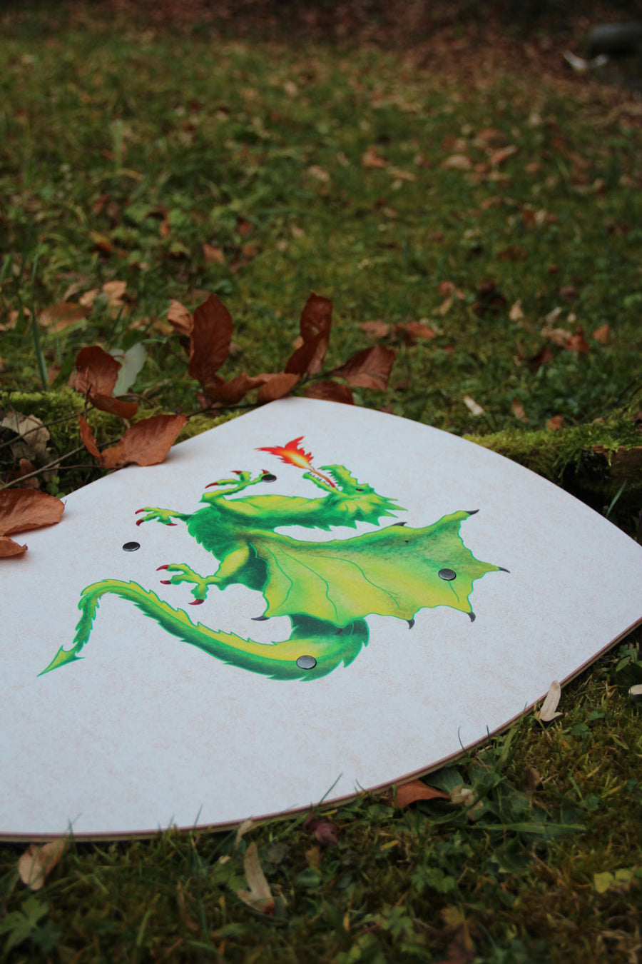 Vah Green Dragon Creative Wooden Shield pictured placed on grass outdoors