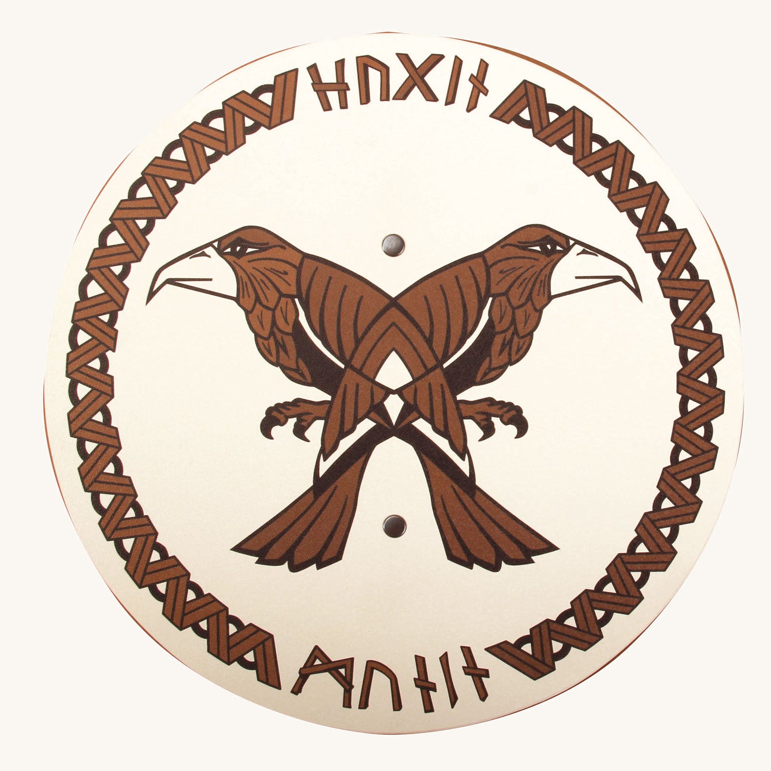 Vah Hugin & Munin Viking Round Wooden Shield pictured on a plain background