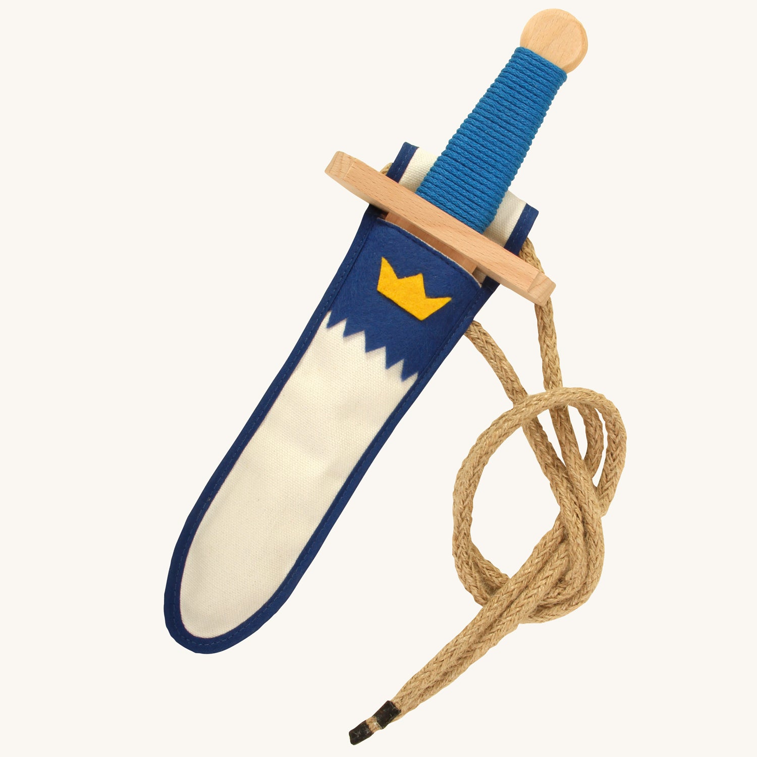 Vah Landsknecht Wooden Sword Set with White & Blue Sheath with small yellow crown emblem pictured on a plain background 