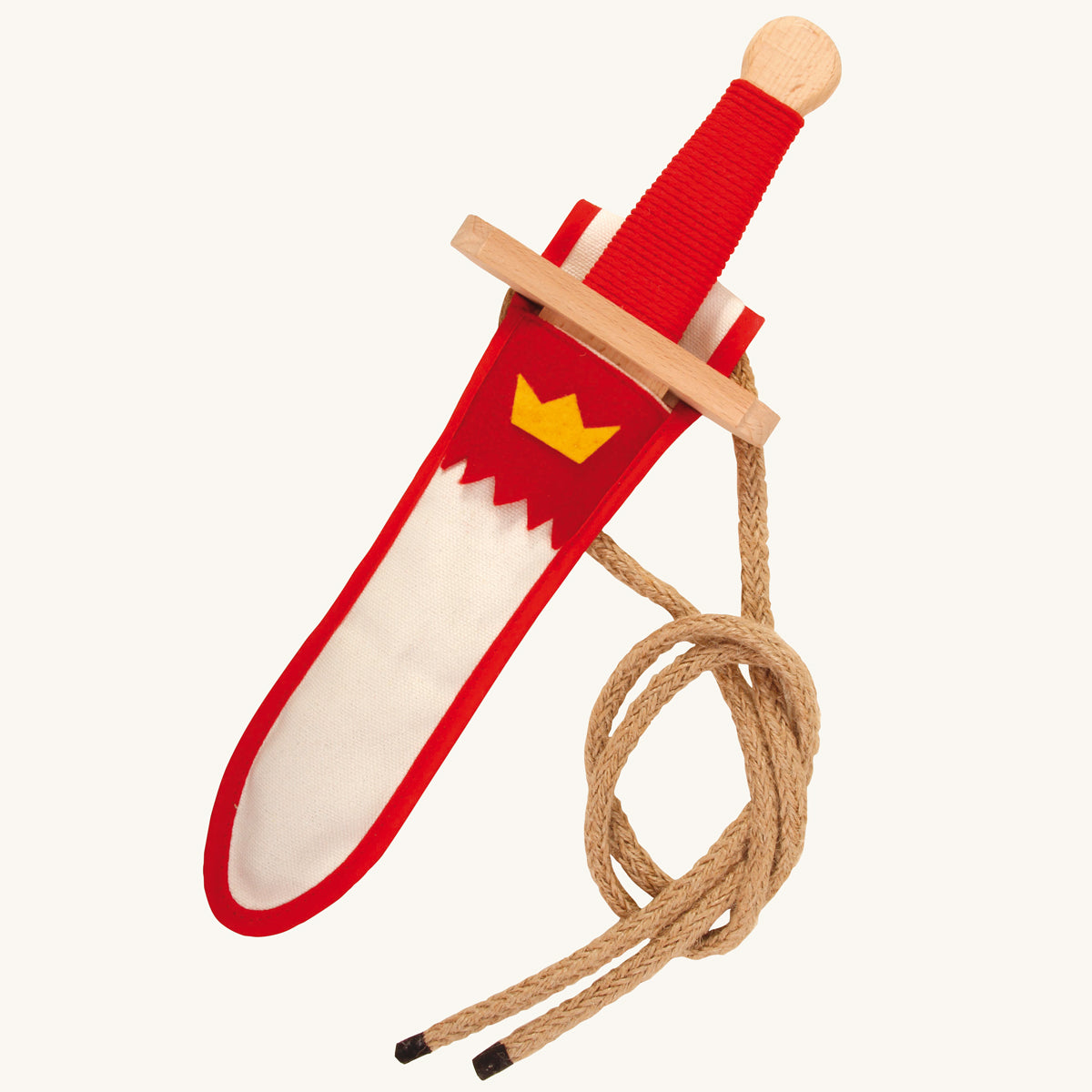 Vah Landsknecht Wooden Sword Set with a White & Red sheath with a yellow crown emblem pictured on a plain background