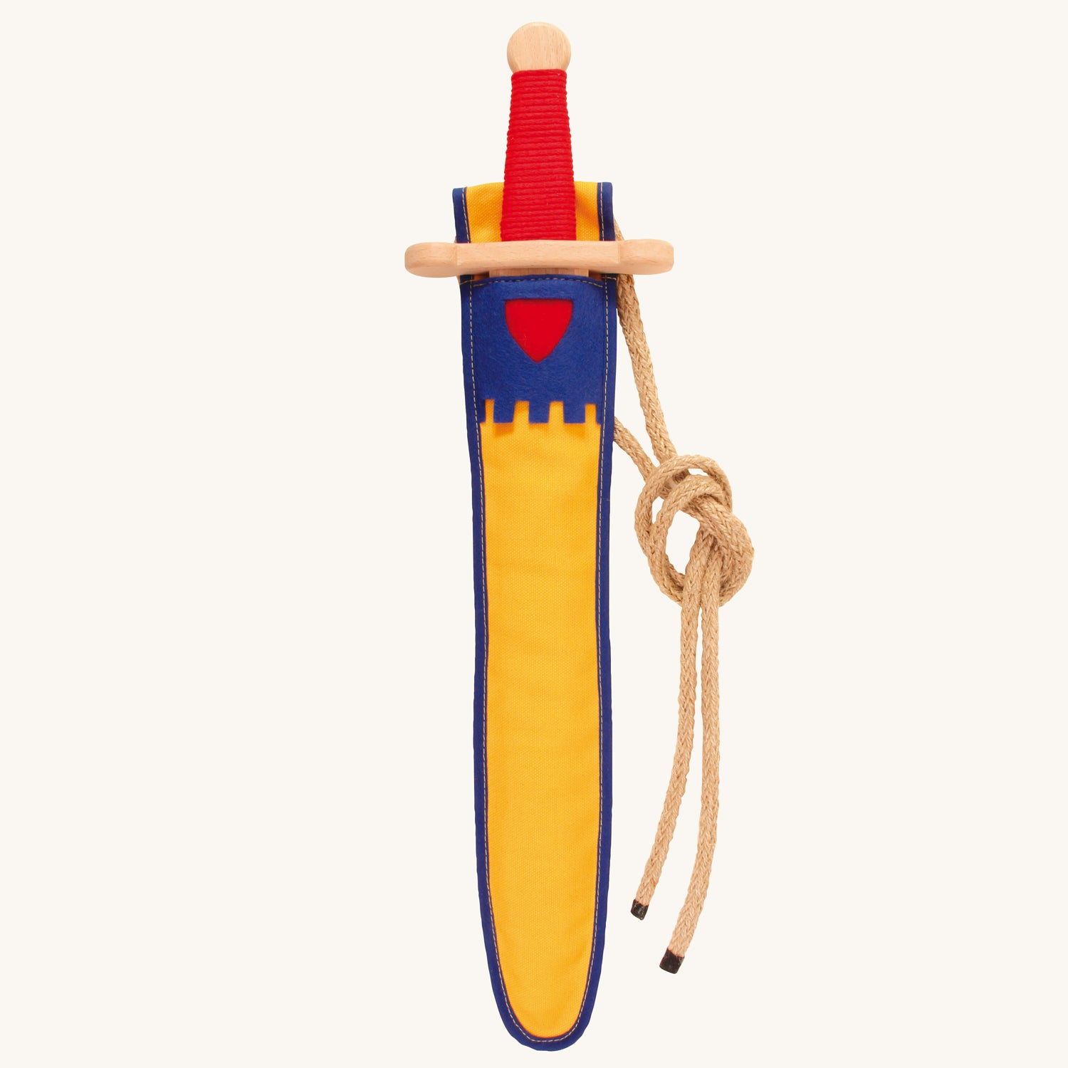 Vah Landsknecht Wooden Sword Set with a Yellow & Blue sheath pictured on a plain background