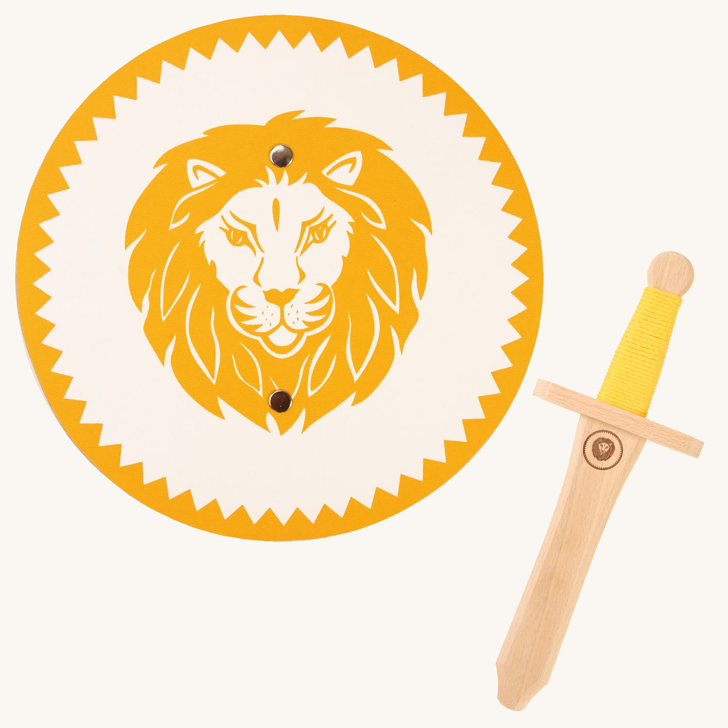 Vah Leopold Lion Mini Wooden Shield & Sword Toy Set pictured on a plain background