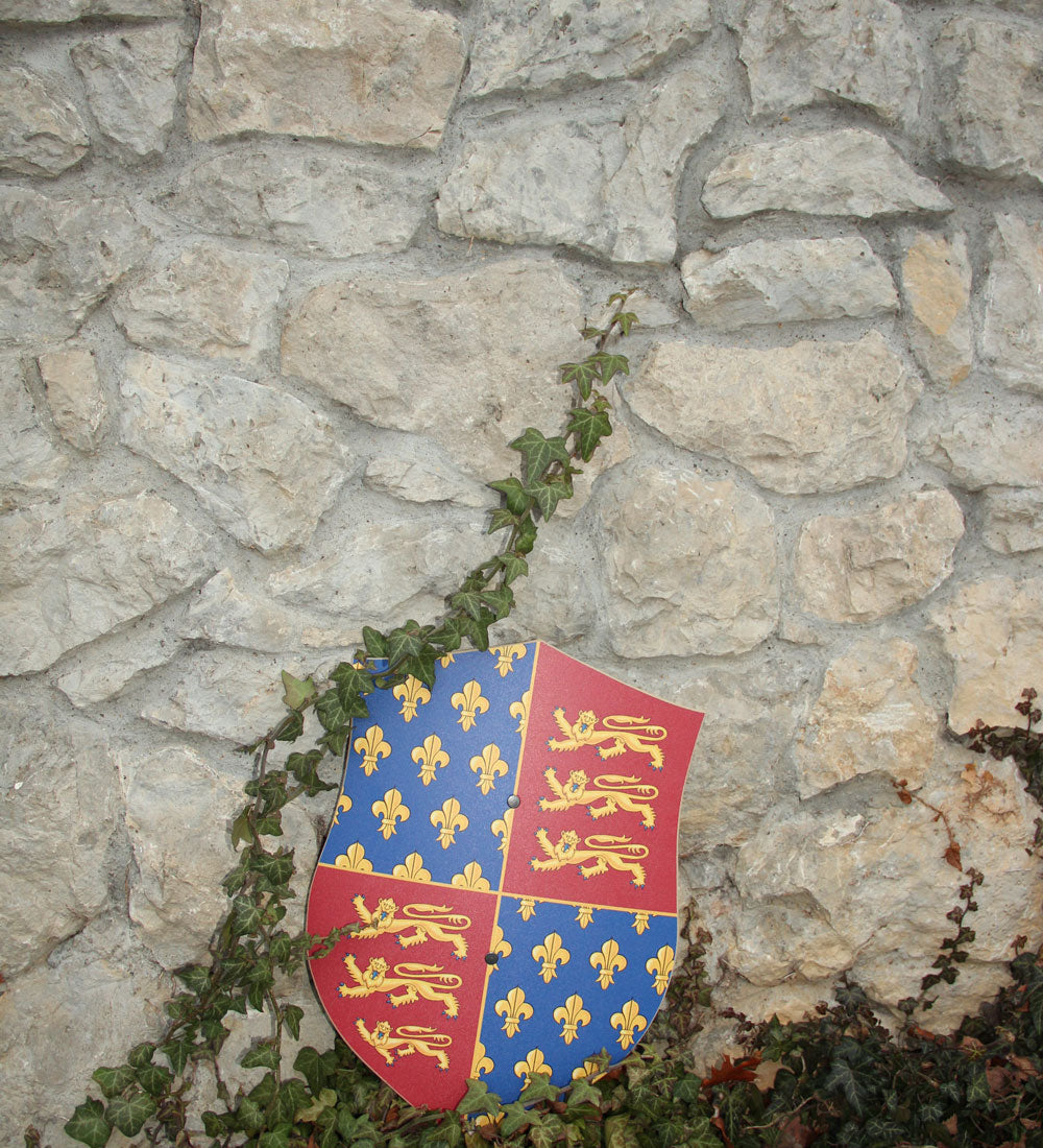 Vah Edward Wooden Shield pictured outdoors leaning against a stone wall that has ivy growing on it