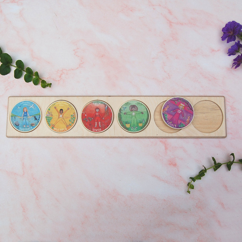 Waldorf Family wooden maths processes coins laid out in the maths base on a pink marble background