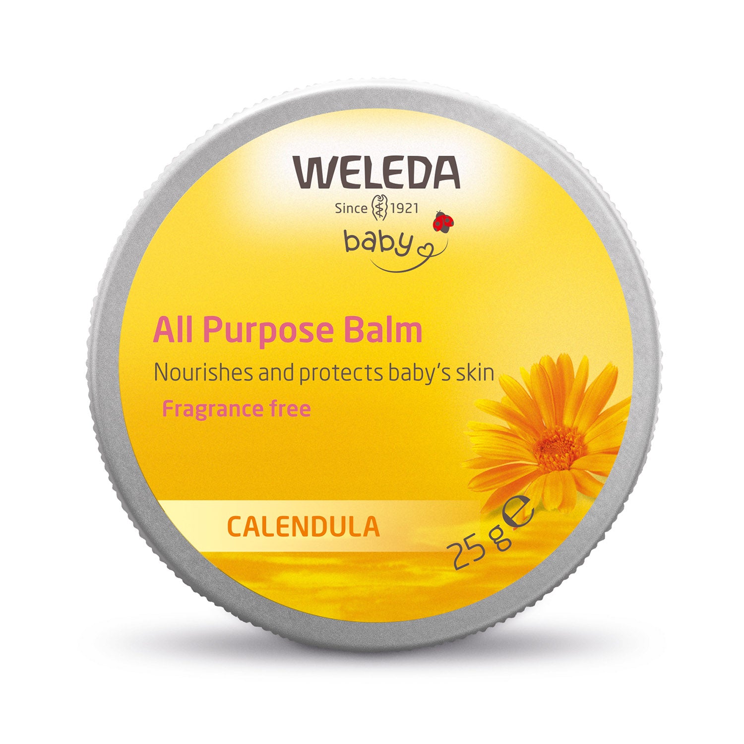 Weleda Baby Calendula All Purpose Balm is a small round pot with orange lid to keep in your changing bag for healing