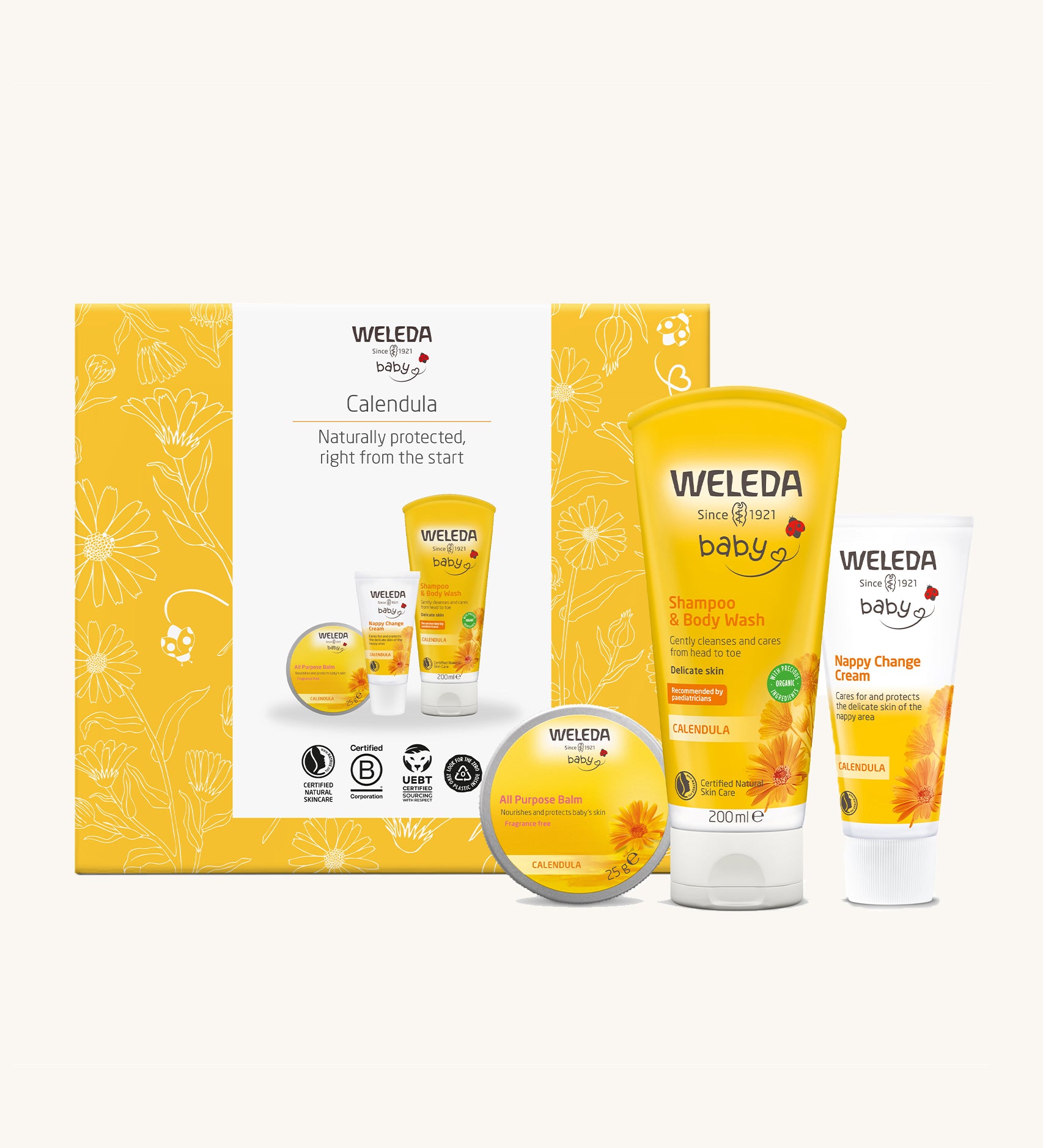 Weleda Calendula Baby Gift Set includes All Purpose Balm, Shampoo and Baby Wash, Nappy Change Cream, stood in front of the box on a cream background