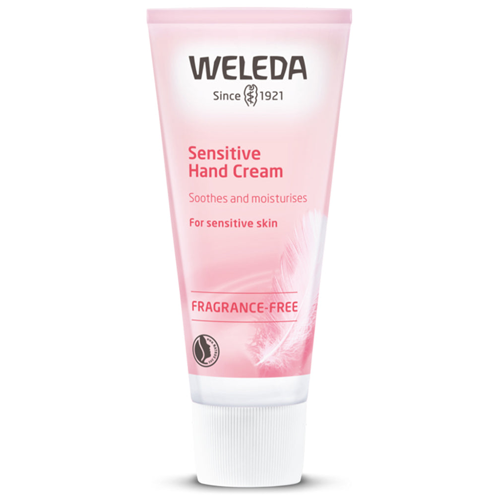 Weleda Sensitive Hand Cream has a fragrance free formula to soothe tired hands. In a pink tube. 