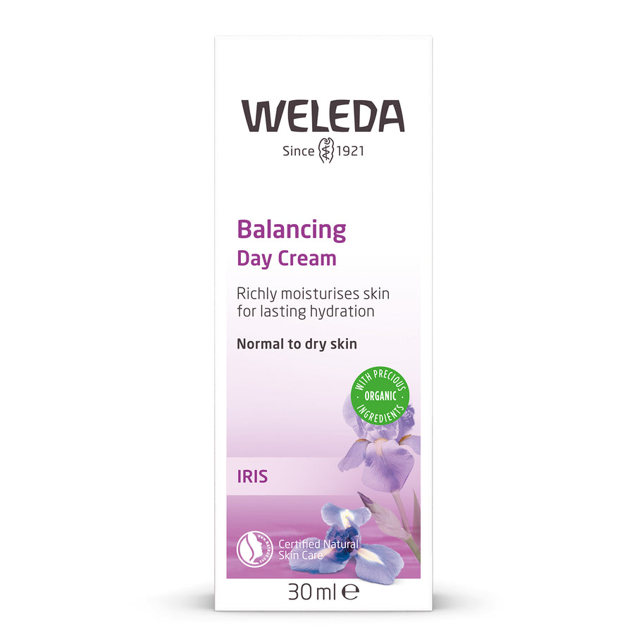 Weleda Iris Hydrating Day Cream 30ml box on a plain background.