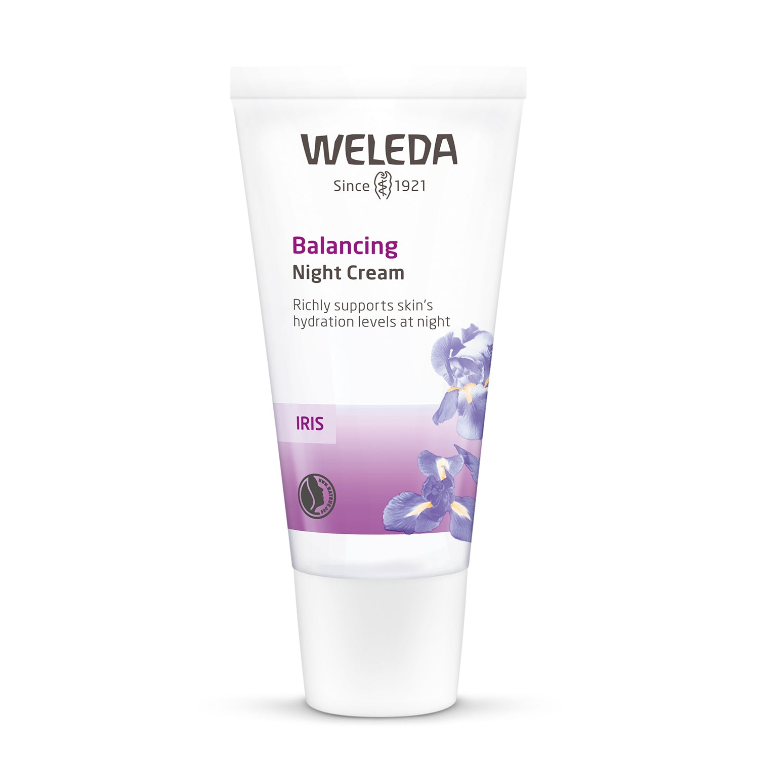 30ml bottle of Weleda hydrating natural iris night cream on a white background