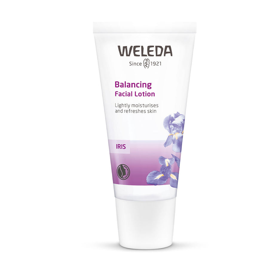 Weleda natural iris balancing facial lotion on a white background