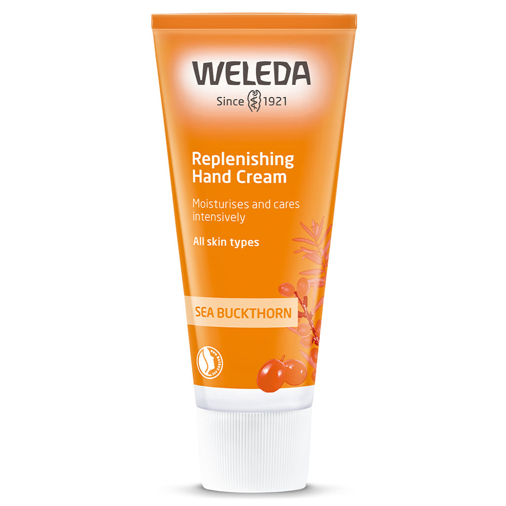 Weleda Replenishing Sea Buckthorn Hand Cream will soothe rough, dry hands in an intense moisturising treatment. In an orange tube. 