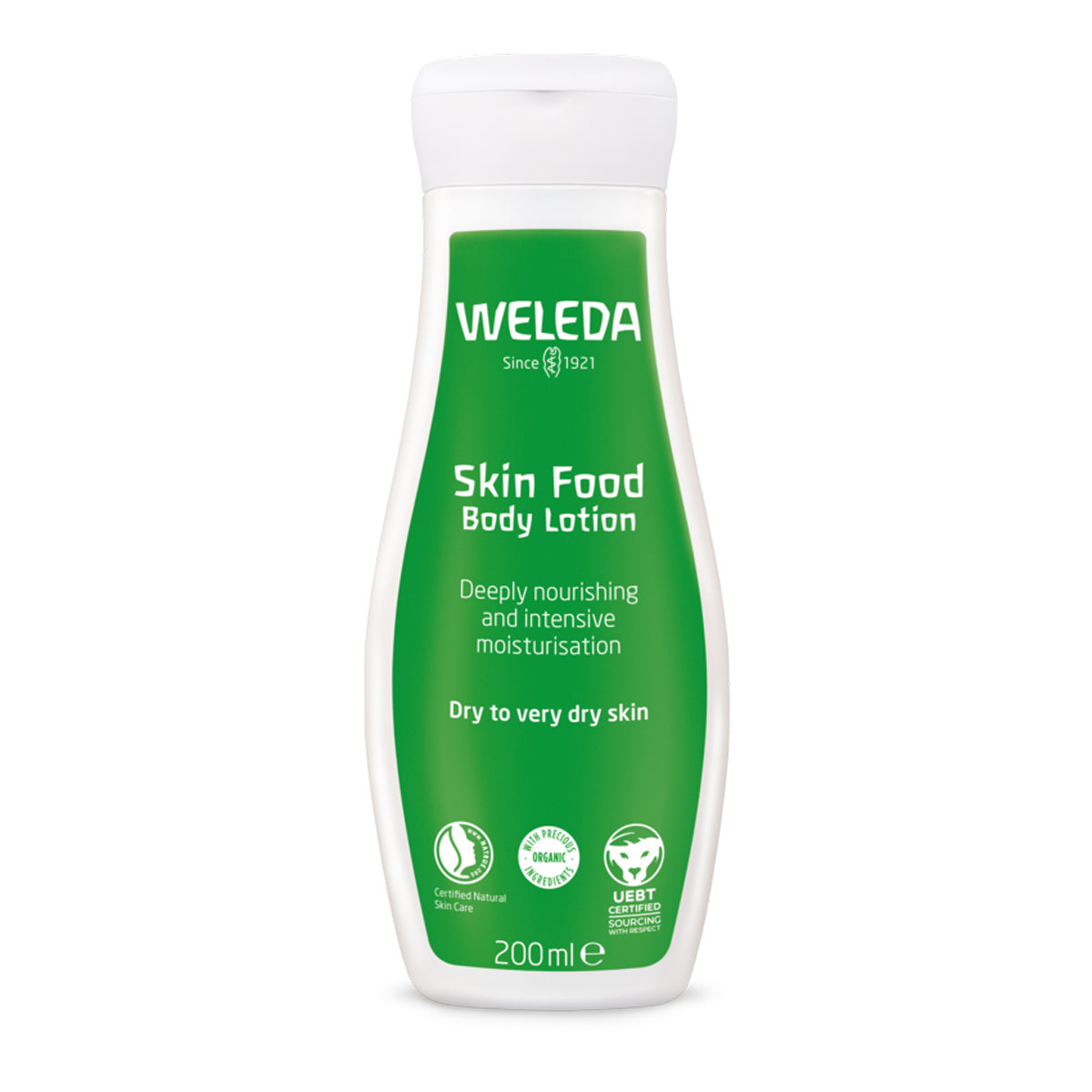 Weleda 200ml skin food body lotion on a white background