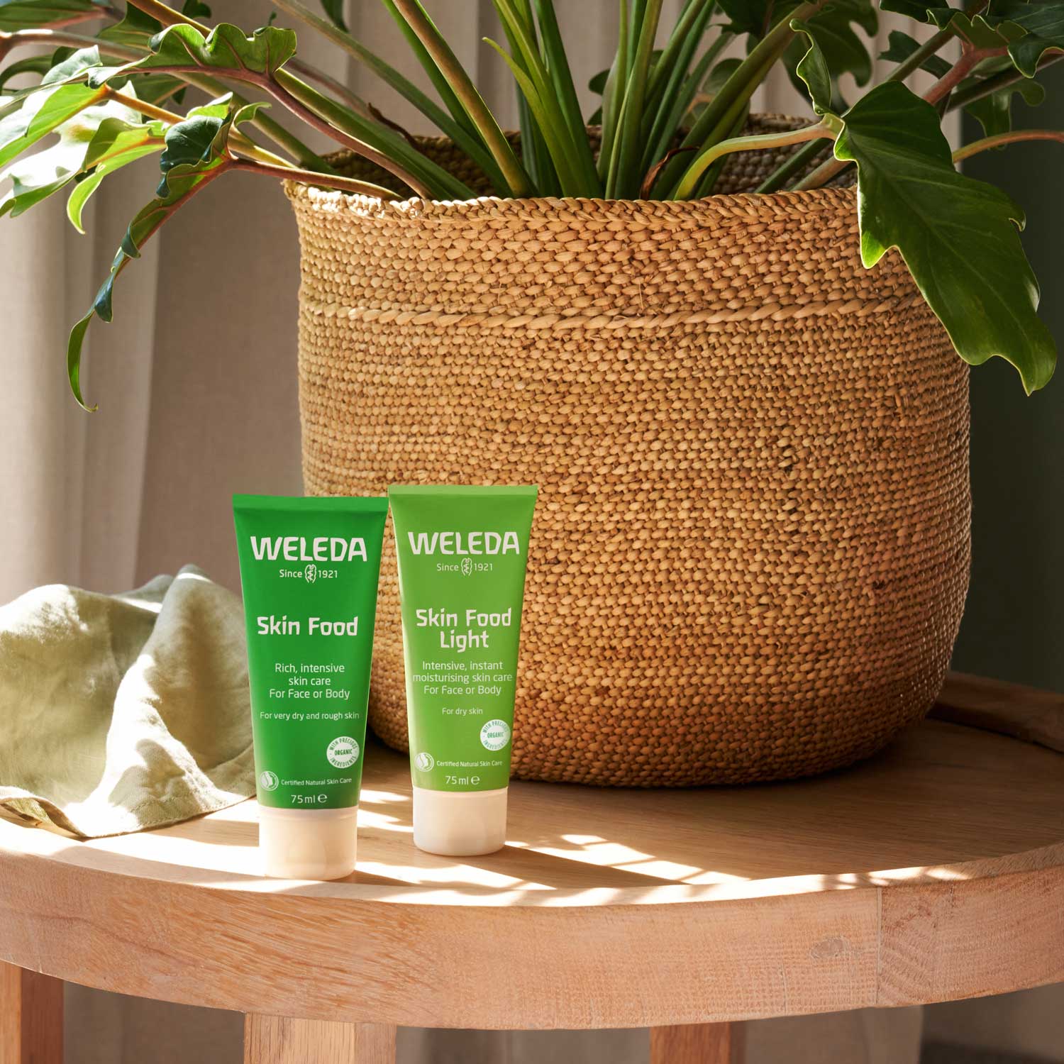 A 75ml tube of Weleda Skin Food pictured next to a tube of Skin Food Light. A plant in a basket can be seen in the background