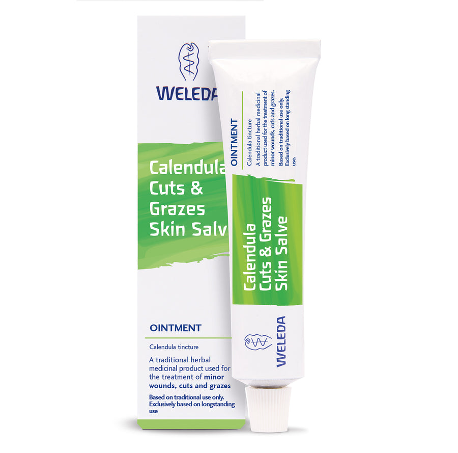 The Weleda Cuts & Grazes Calendula Skin Salve in a white and green tube is a great addition to your natural First Aid Kit. Suitable for minor wounds, cuts and grazes.