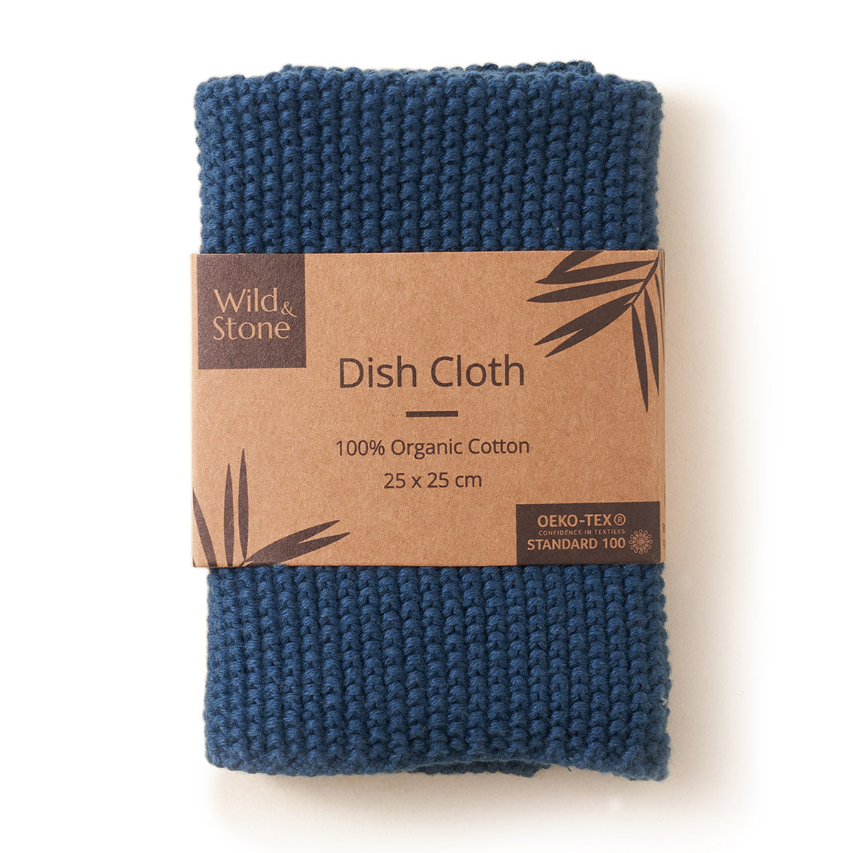 Wild and Stone ocean blue organic cotton dish cloth folded in its cardboard sleeve on a white background