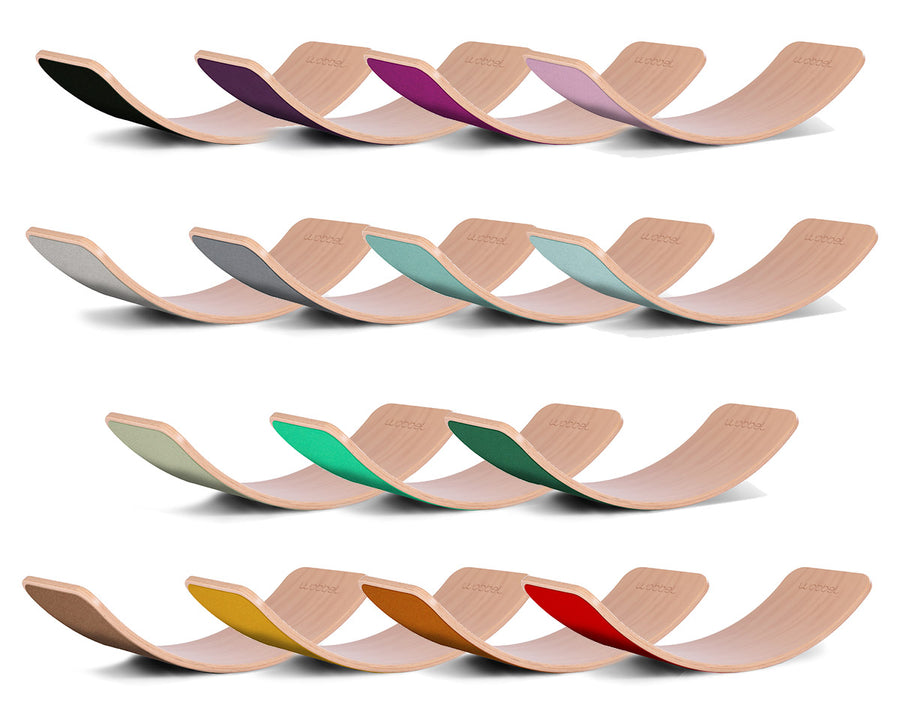 Full collection of Wobbel balance boards lined up on a white background
