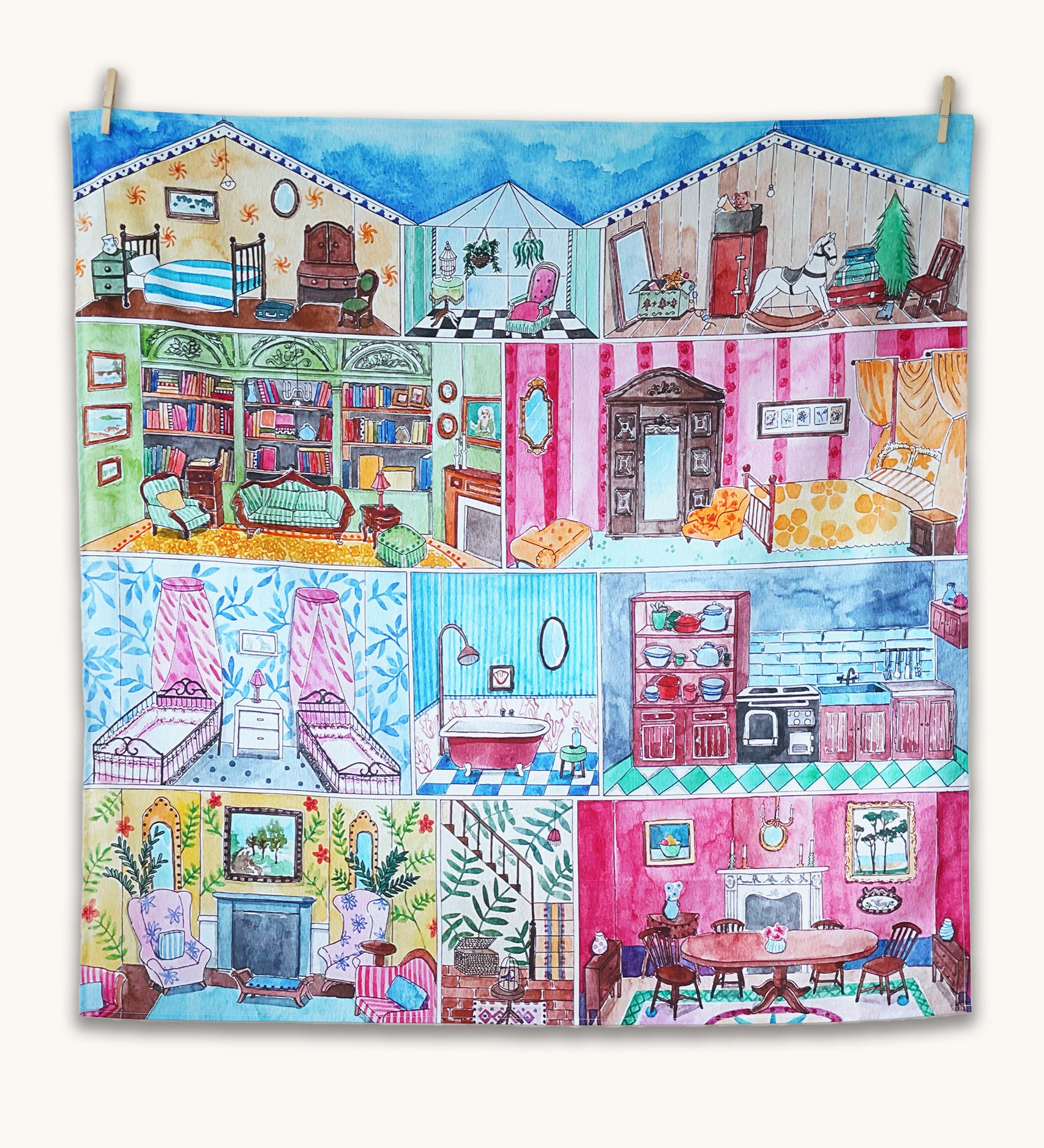 Wonderie Sensory Play Cloth - Welcome To The Doll House. This busy scene shows an open dolls house, displaying all the fully furnished rooms ready for play.