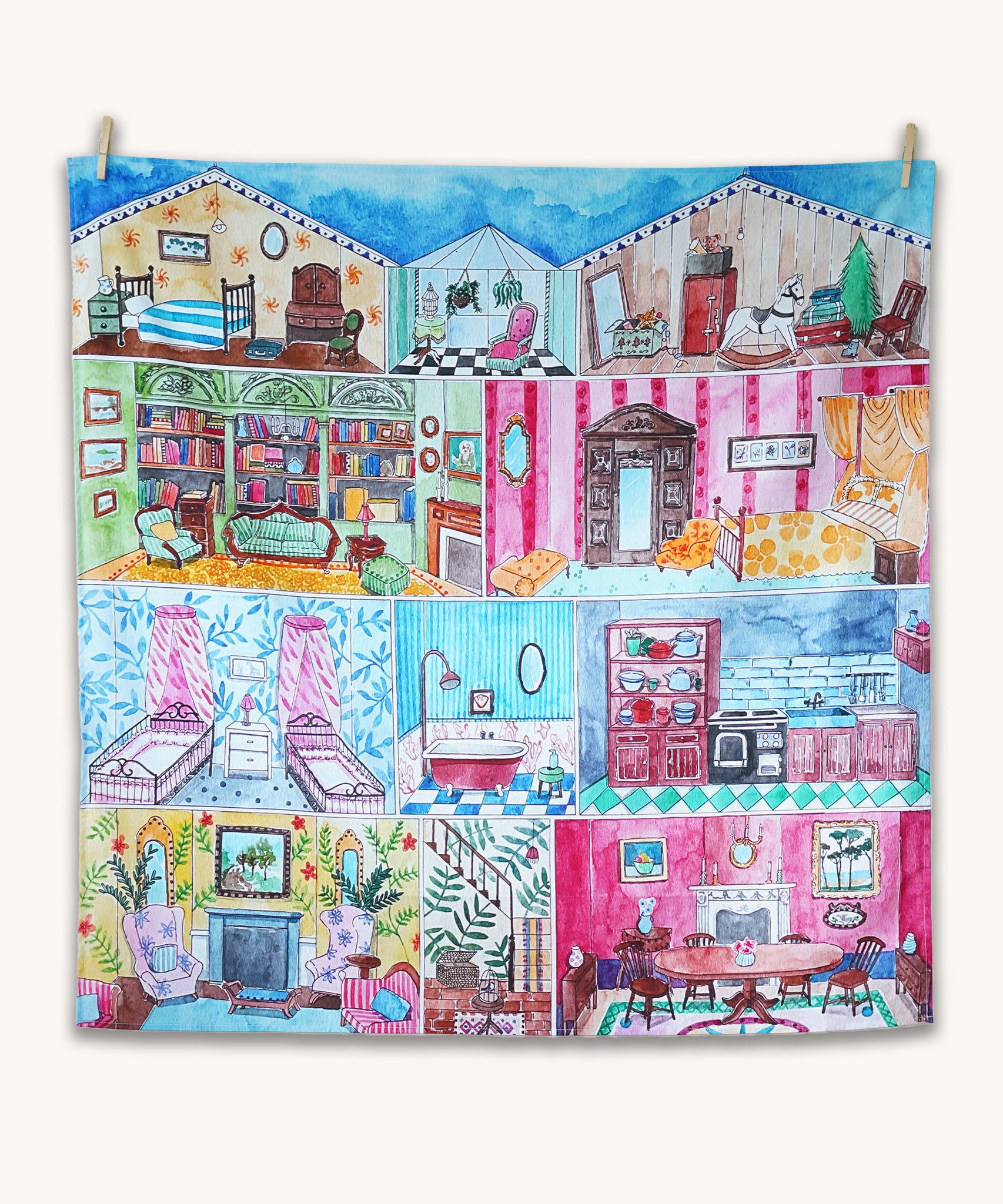 Wonderie Sensory Play Cloth - Welcome To The Doll House. This busy scene shows an open dolls house, displaying all the fully furnished rooms ready for play.