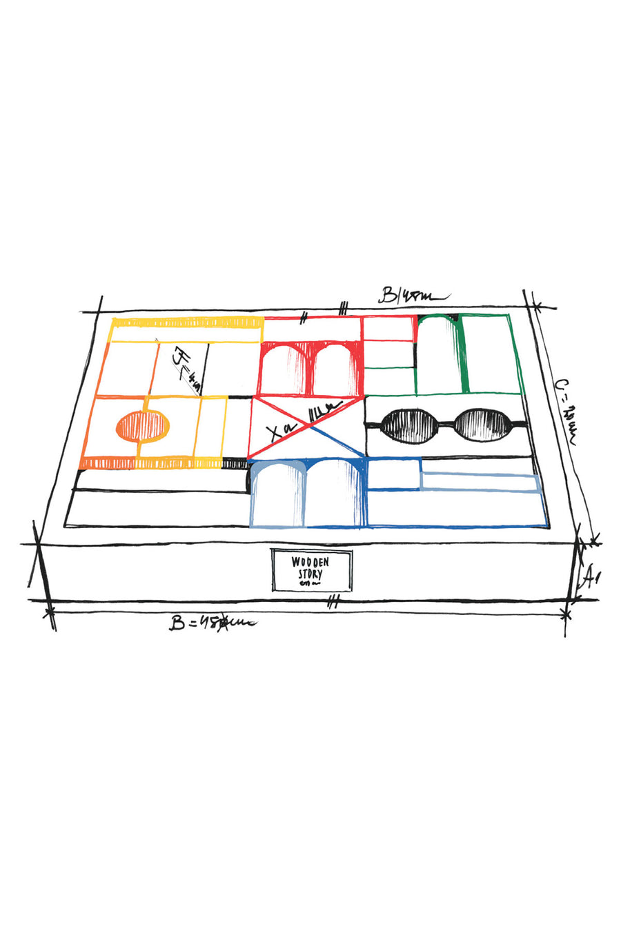 A hand drawn illustration of the Wooden Story 30 Rainbow Blocks set. The illustration shows a part of the design stage. 