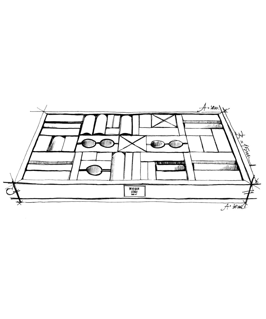 An illustrated drawing of the Wooden Story 54 Natural Blocks set.