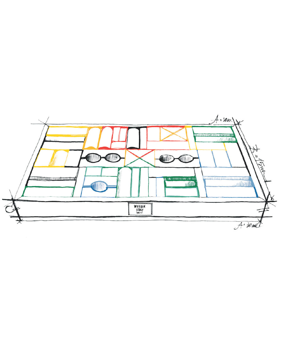 An illustrated drawing of the Wooden Story 54 Rainbow Blocks in Tray. 