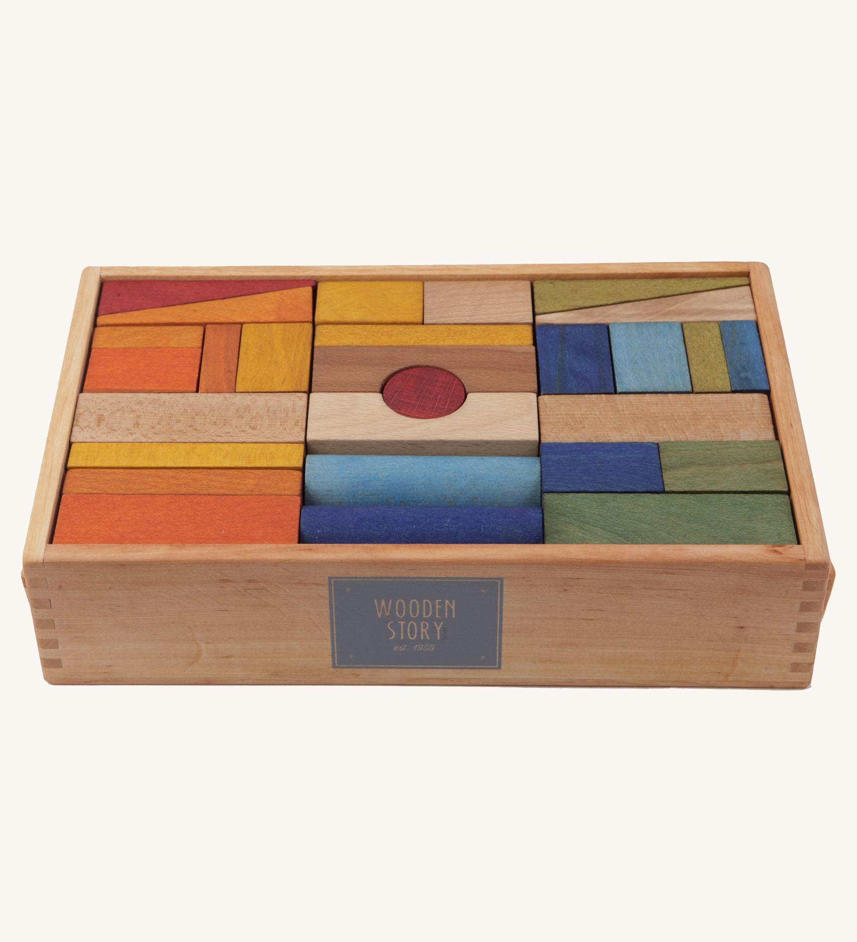 Wooden Story 63 XL Rainbow Blocks in Tray on a plain background. 