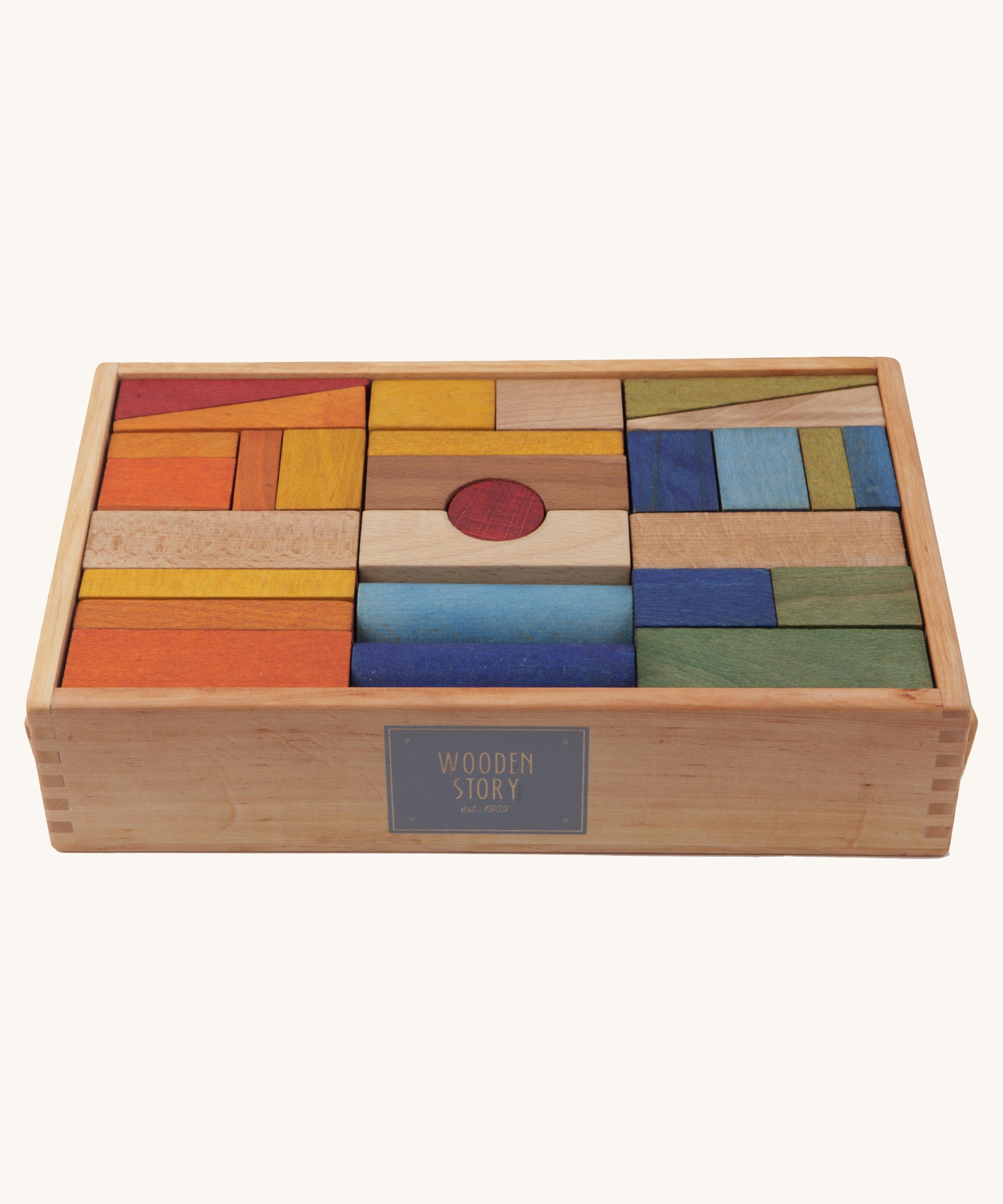 Wooden Story 63 XL Rainbow Blocks in Tray on a plain background. 