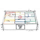 An illustrated drawing of the Wooden Story 63 XL Rainbow Blocks in Tray. 