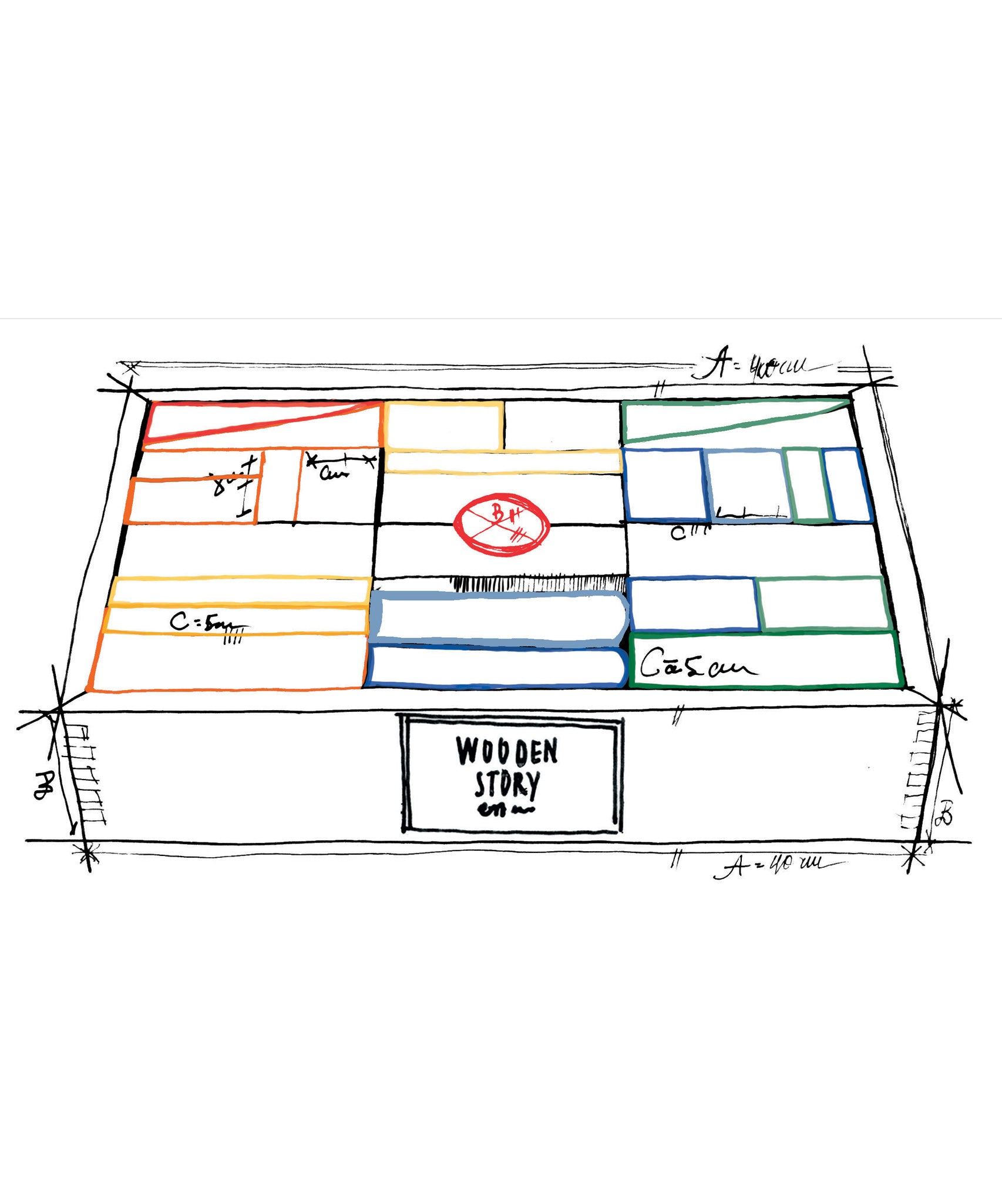 An illustrated drawing of the Wooden Story 63 XL Rainbow Blocks in Tray. 