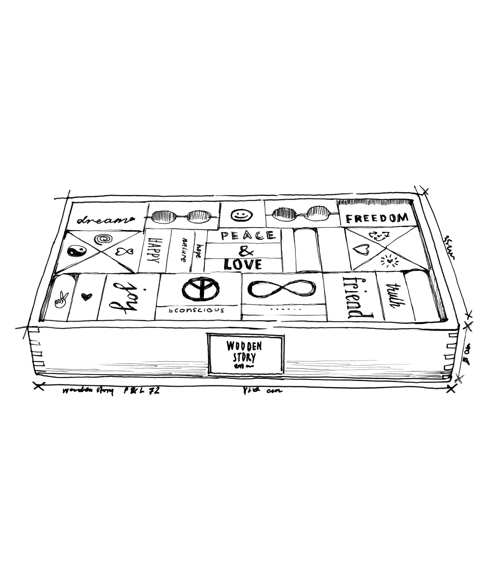 An illustrated drawing of the Wooden Story 72 XL Peace & Love Blocks Set. 