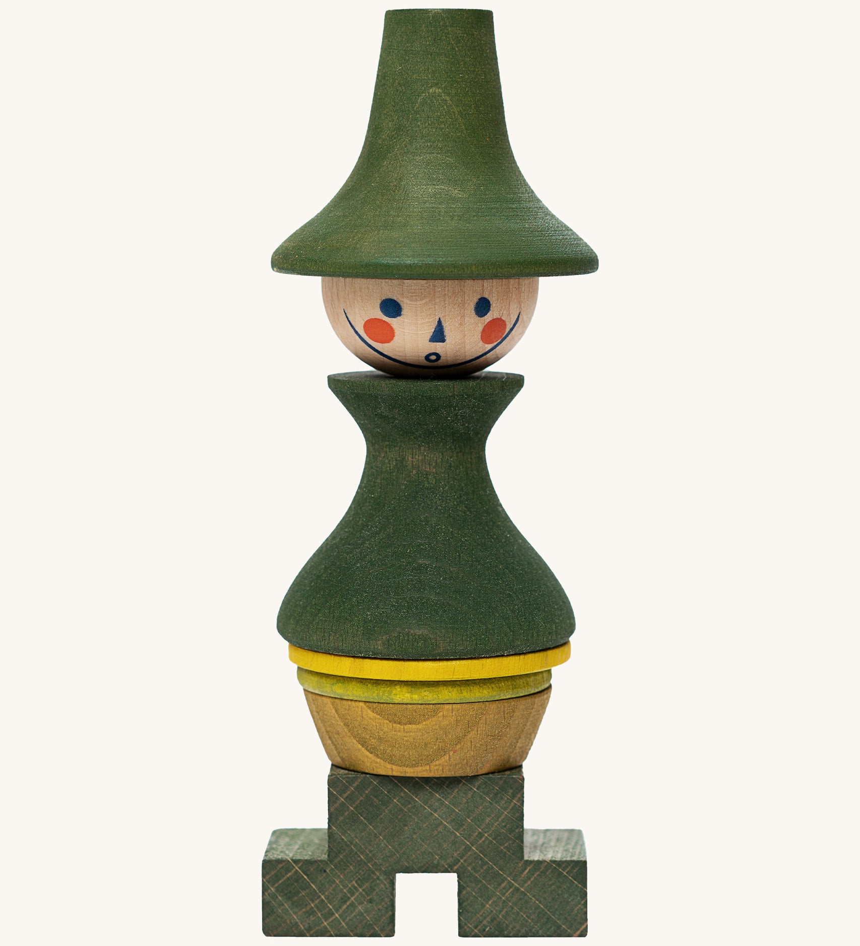 Wooden Story Stacking Toy Stick Figure - No7, a green stacking wooden figure wearing a hat. 