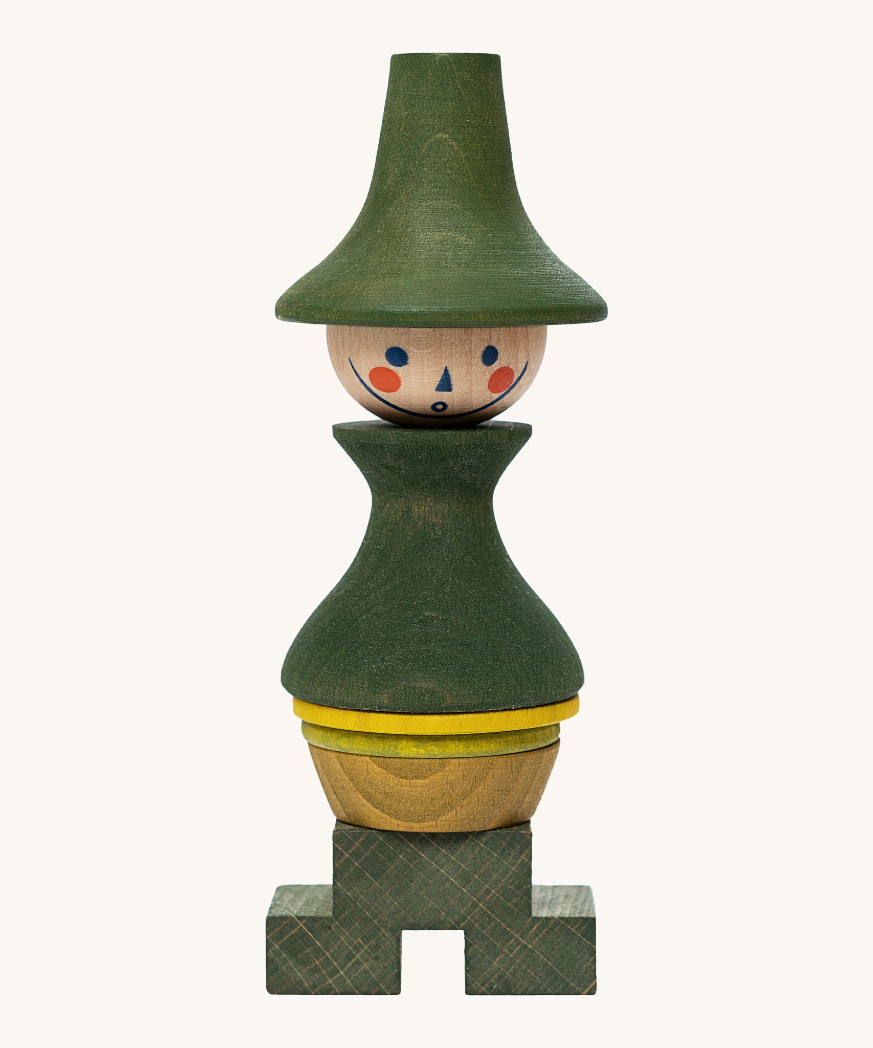 Wooden Story Stacking Toy Stick Figure - No7, a green stacking wooden figure wearing a hat. 