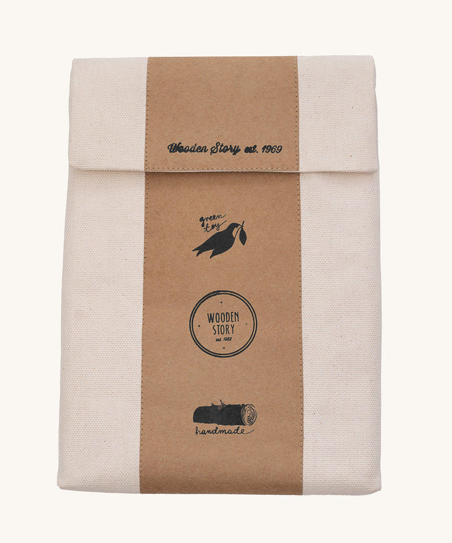 The canvas packaging pouch from the Wooden Story Number Tracking Board set on a plain background. 