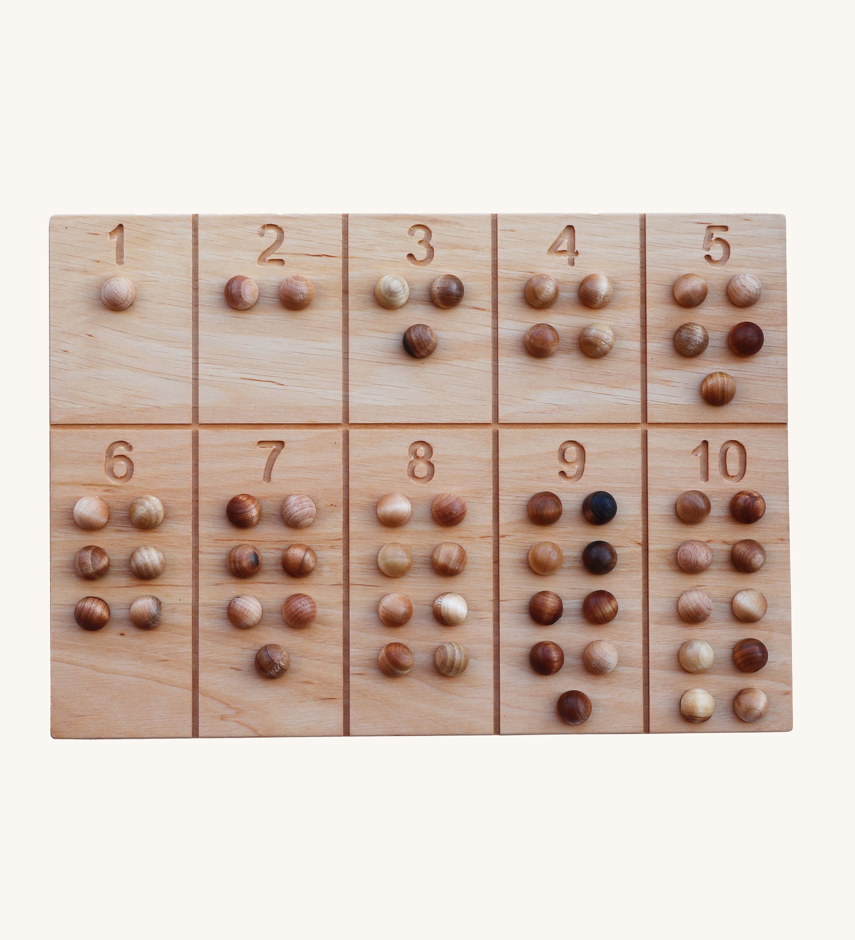 Wooden Story Number Tracking Board with wooden balls on a plain background. 