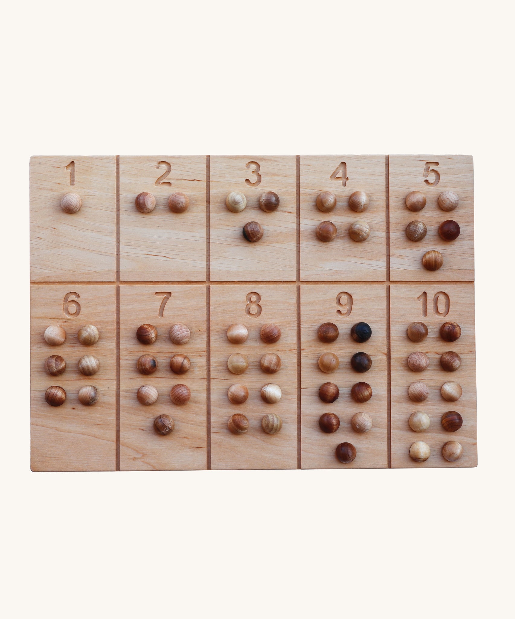 Wooden Story Number Tracking Board with wooden balls on a plain background. 