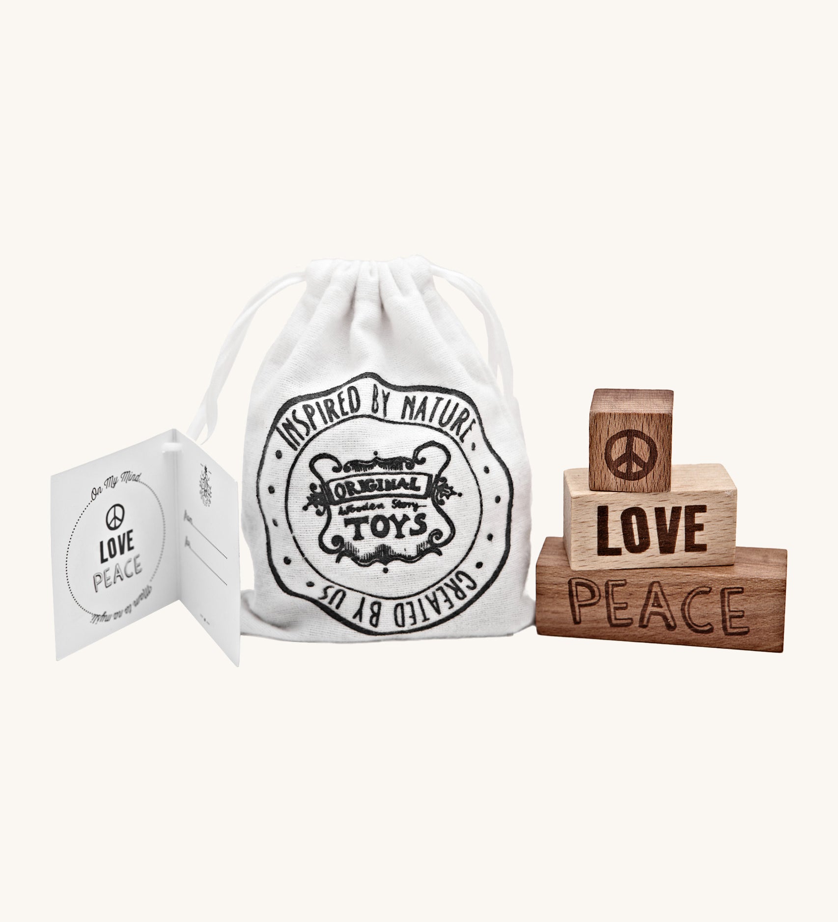 Wooden Story Peace & Love Blocks - 3 Block laser engraved set with canvas drawstring gift bag and gift-tag.