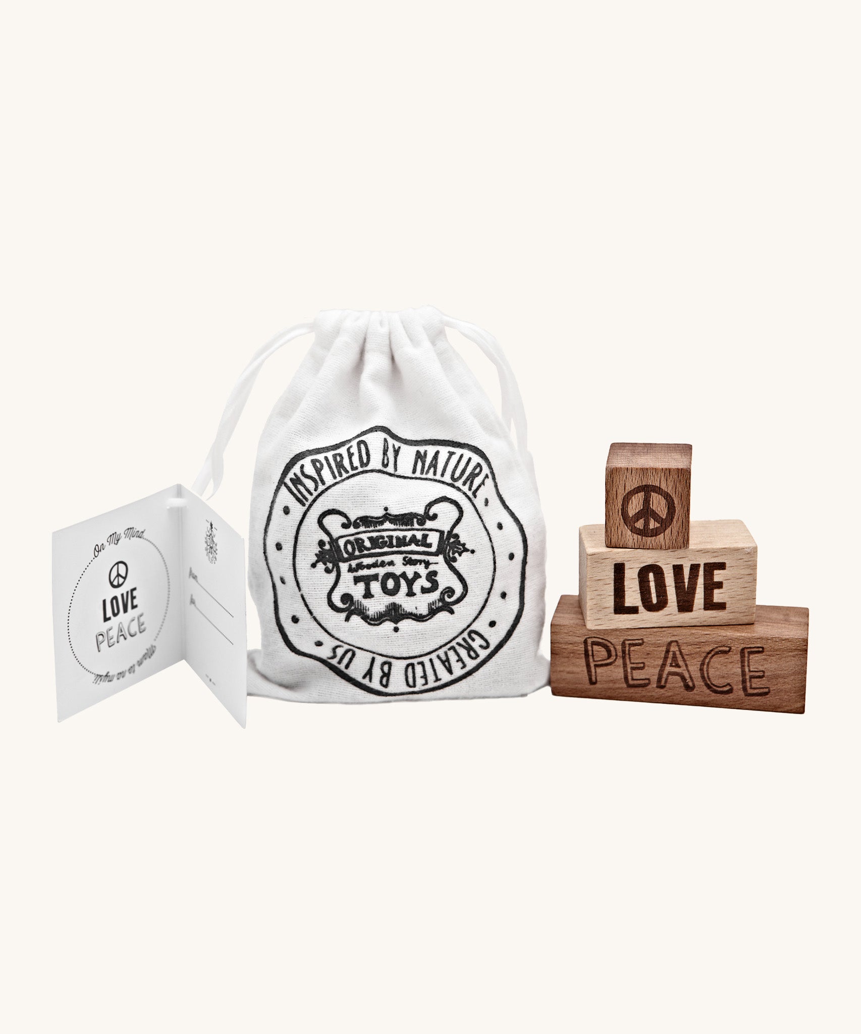 Wooden Story Peace & Love Blocks - 3 Block laser engraved set with canvas drawstring gift bag and gift-tag.