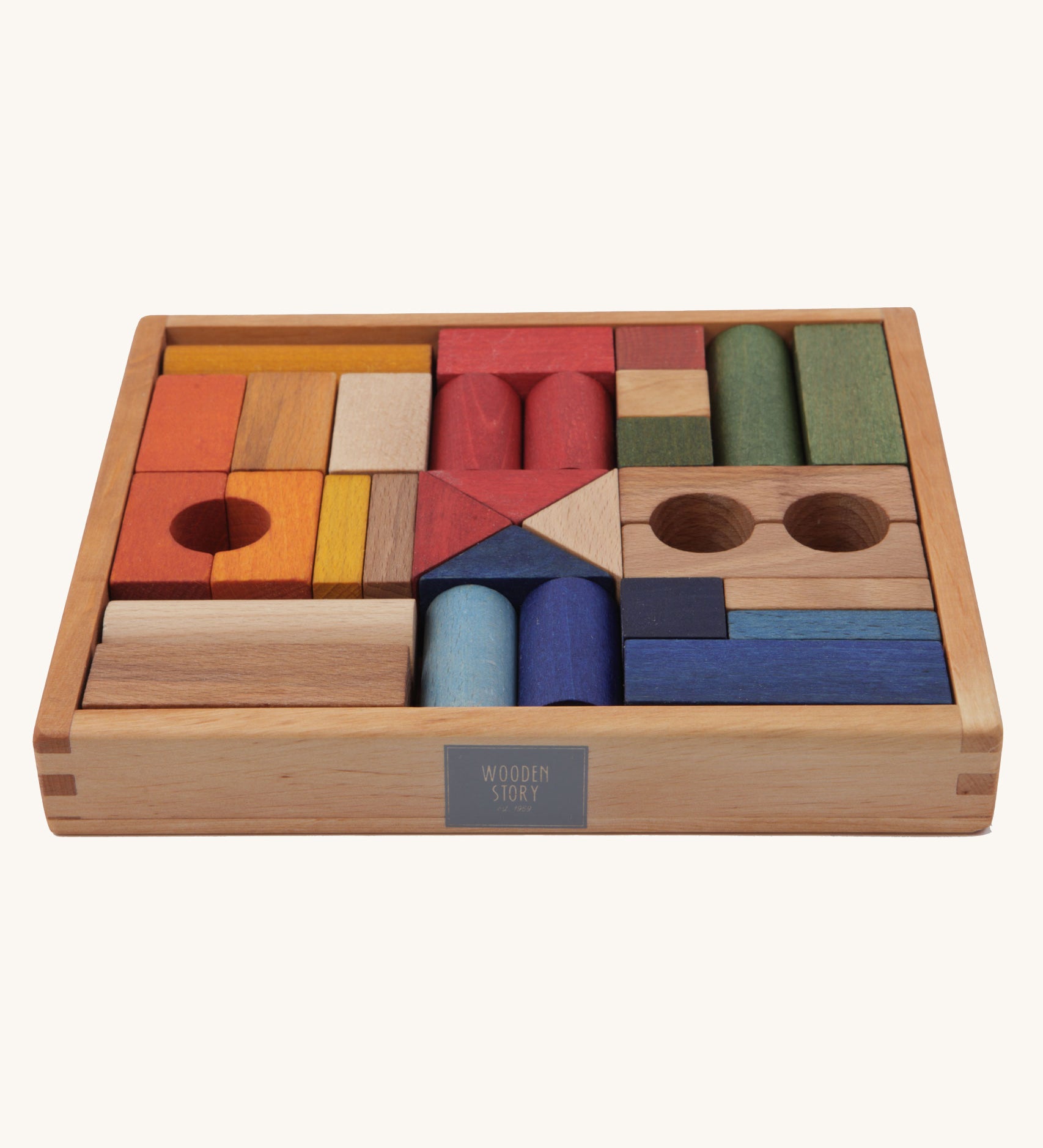 Wooden Story 30 Rainbow Blocks in Tray on a plain background. 